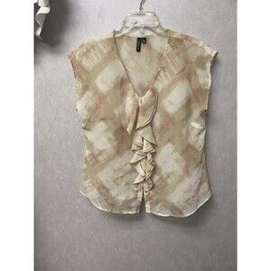 Relativity Pink/Beige Sheer Ruffle Blouse Size Large